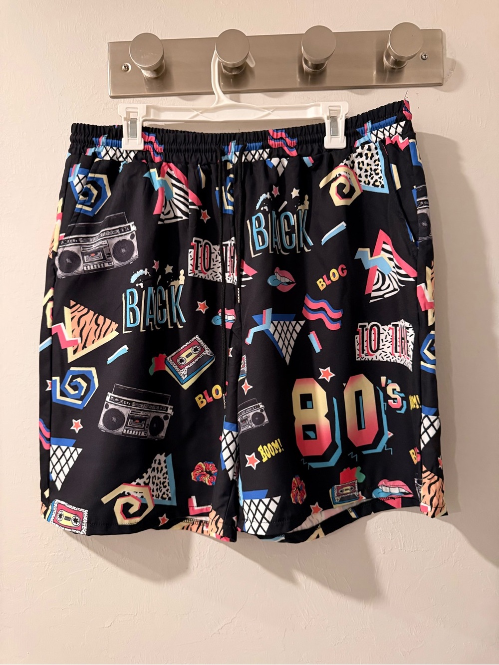 80s Retro Graphic Print Shorts Black Neon Boombox Cassette Elastic Waist